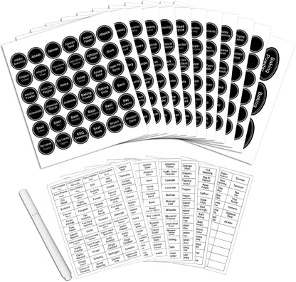 771 Printed Spice Jar Labels with Extra Write-on Labels, Chalk Pen | Chalkboard Spice Labels Kit Including 340 Pre-Printed, 56 Blank, 15 Pantry Stickers and 360 Transparent Spice Labels Set
