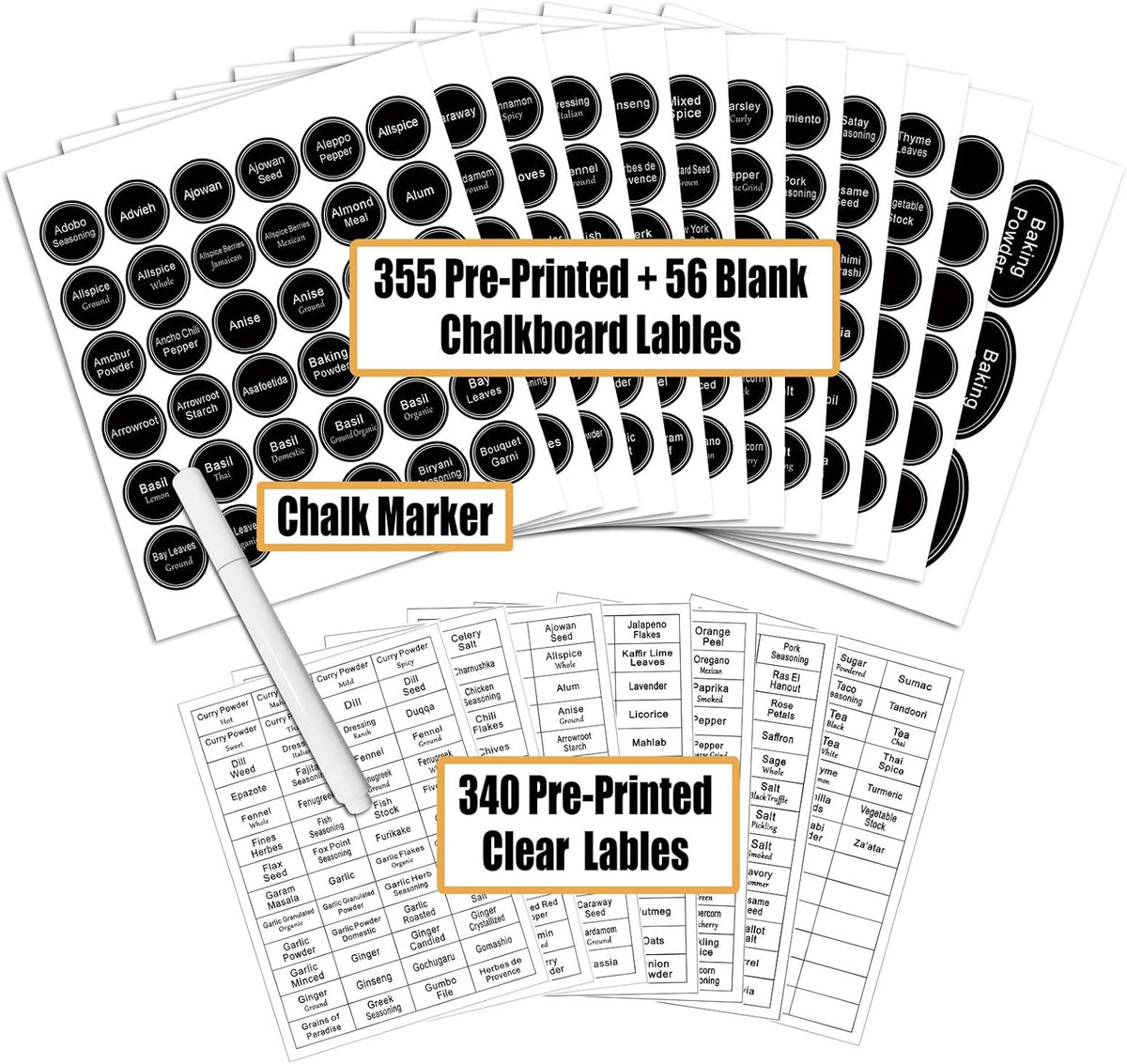 771 Printed Spice Jar Labels with Extra Write-on Labels, Chalk Pen | Chalkboard Spice Labels Kit Including 340 Pre-Printed, 56 Blank, 15 Pantry Stickers and 360 Transparent Spice Labels Set
