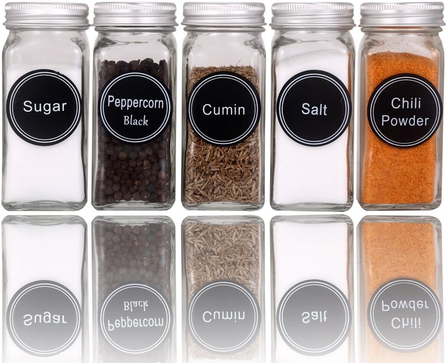 771 Printed Spice Jar Labels with Extra Write-on Labels, Chalk Pen | Chalkboard Spice Labels Kit Including 340 Pre-Printed, 56 Blank, 15 Pantry Stickers and 360 Transparent Spice Labels Set