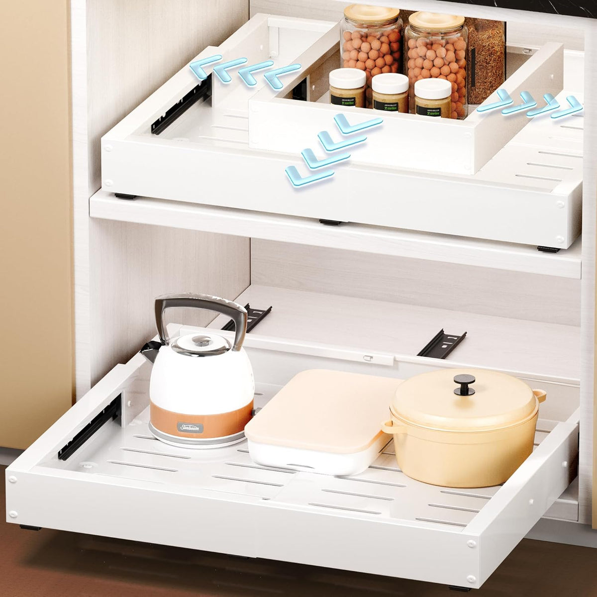 2 Pcs Pull Out Cabinet Organizers, Width (12"-19") and Depth (17"-23") Expandable With 3 Slides, No Drill Slide out Drawers Adhesive Film or Nail Cabinets Without Lip in Kitchen, Bathroom