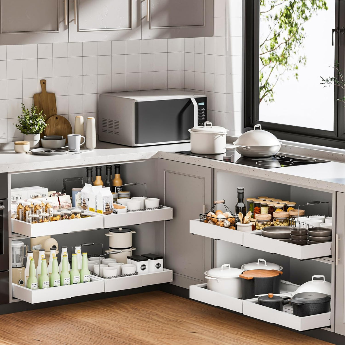 2 Pcs Pull Out Cabinet Organizers, Width (12"-19") and Depth (17"-23") Expandable With 3 Slides, No Drill Slide out Drawers Adhesive Film or Nail Cabinets Without Lip in Kitchen, Bathroom