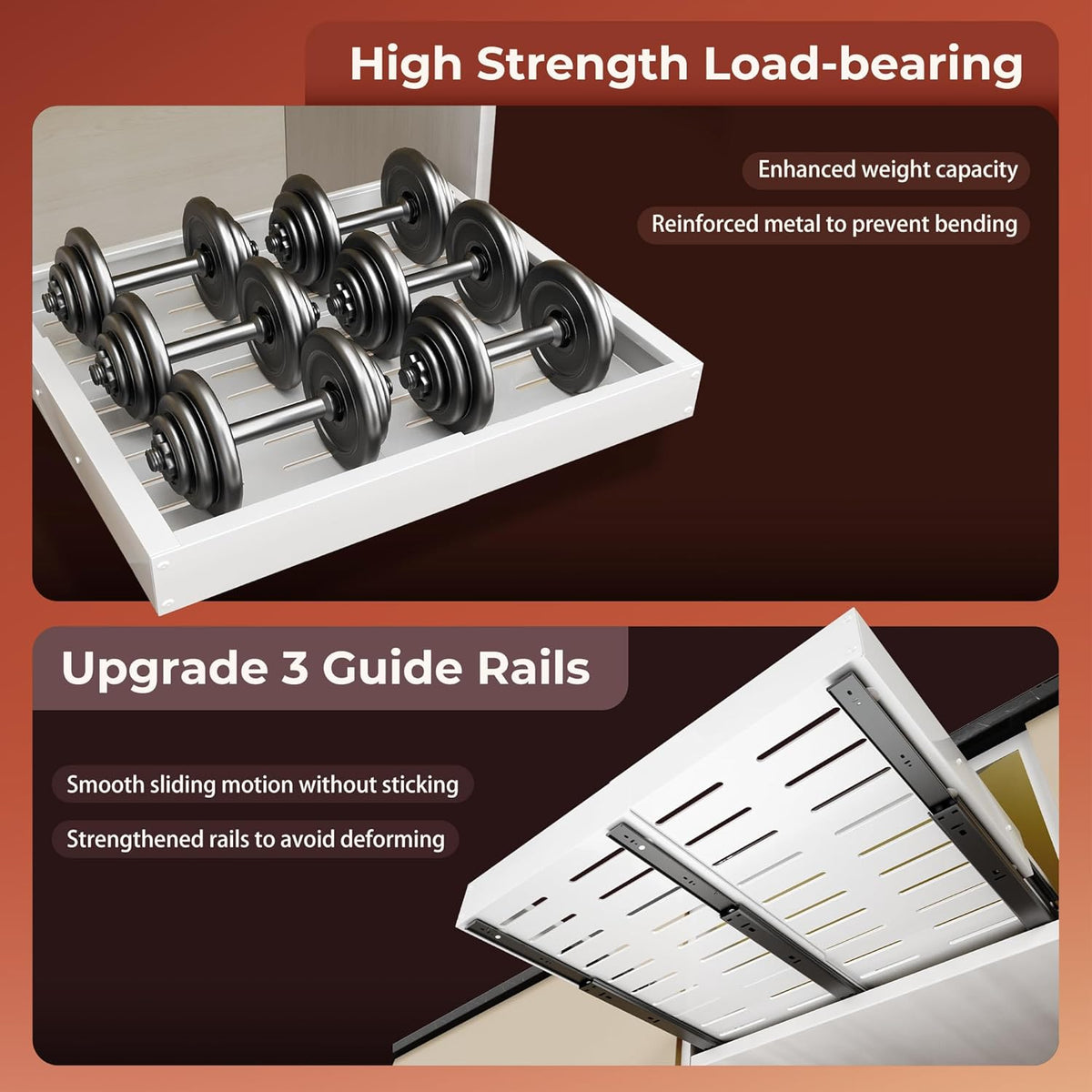 2 Pcs Pull Out Cabinet Organizers, Width (12"-19") and Depth (17"-23") Expandable With 3 Slides, No Drill Slide out Drawers Adhesive Film or Nail Cabinets Without Lip in Kitchen, Bathroom