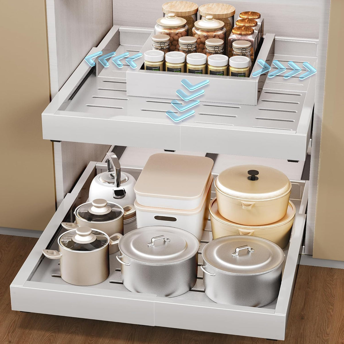 2 Pcs Pull Out Cabinet Organizers, Width (12"-19") and Depth (17"-23") Expandable With 3 Slides, No Drill Slide out Drawers Adhesive Film or Nail Cabinets Without Lip in Kitchen, Bathroom
