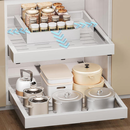 2 Pcs Pull Out Cabinet Organizers, Width (12"-19") and Depth (17"-23") Expandable With 3 Slides, No Drill Slide out Drawers Adhesive Film or Nail Cabinets Without Lip in Kitchen, Bathroom