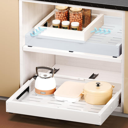 2 Pcs Pull Out Cabinet Organizers, Width (12"-19") and Depth (17"-23") Expandable With 3 Slides, No Drill Slide out Drawers Adhesive Film or Nail Cabinets Without Lip in Kitchen, Bathroom