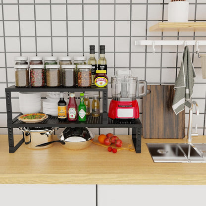 Jojocross Expandable Adjustable Stackable Kitchen Organizer, Spice Rack,Metal Pantry Storage Shelves Racks,Counter Shelf for Cabinets, Countertop, Cupboard (Large/Black)