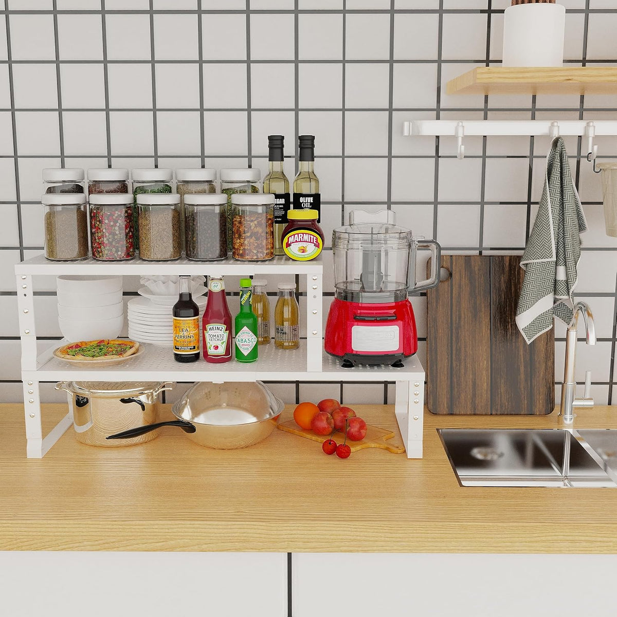 Jojocross Expandable Adjustable Stackable Kitchen Organizer, Spice Rack,Metal Pantry Storage Shelves Racks,Counter Shelf for Cabinets, Countertop, Cupboard (Large/Black)