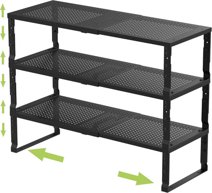 Jojocross Expandable Adjustable Stackable Kitchen Organizer, Spice Rack,Metal Pantry Storage Shelves Racks,Counter Shelf for Cabinets, Countertop, Cupboard (Large/Black)