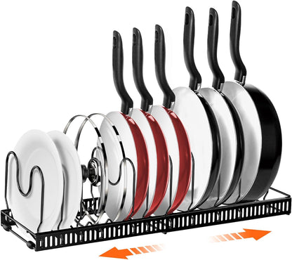 Expandable Pot and Pan Organizers Rack, 10+ Pans and Pots Lid Organizer Rack Holder, Kitchen Cabinet Pantry Bakeware Organizer Rack Holder with 10 Adjustable Compartments (Black)