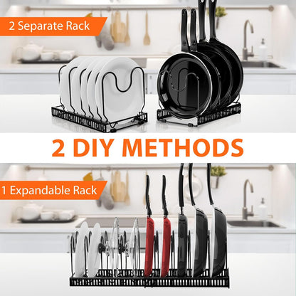 Expandable Pot and Pan Organizers Rack, 10+ Pans and Pots Lid Organizer Rack Holder, Kitchen Cabinet Pantry Bakeware Organizer Rack Holder with 10 Adjustable Compartments (Black)