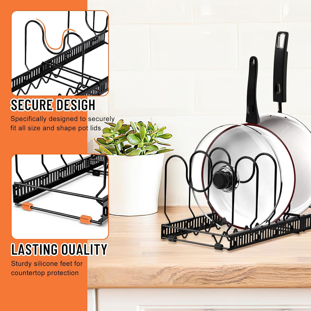 Expandable Pot and Pan Organizers Rack, 10+ Pans and Pots Lid Organizer Rack Holder, Kitchen Cabinet Pantry Bakeware Organizer Rack Holder with 10 Adjustable Compartments (Black)
