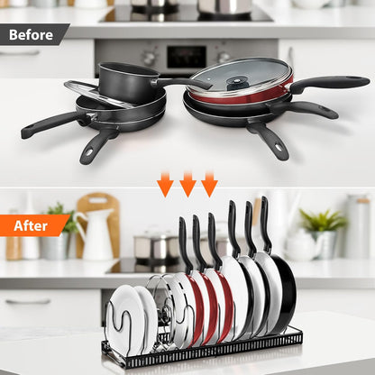 Expandable Pot and Pan Organizers Rack, 10+ Pans and Pots Lid Organizer Rack Holder, Kitchen Cabinet Pantry Bakeware Organizer Rack Holder with 10 Adjustable Compartments (Black)