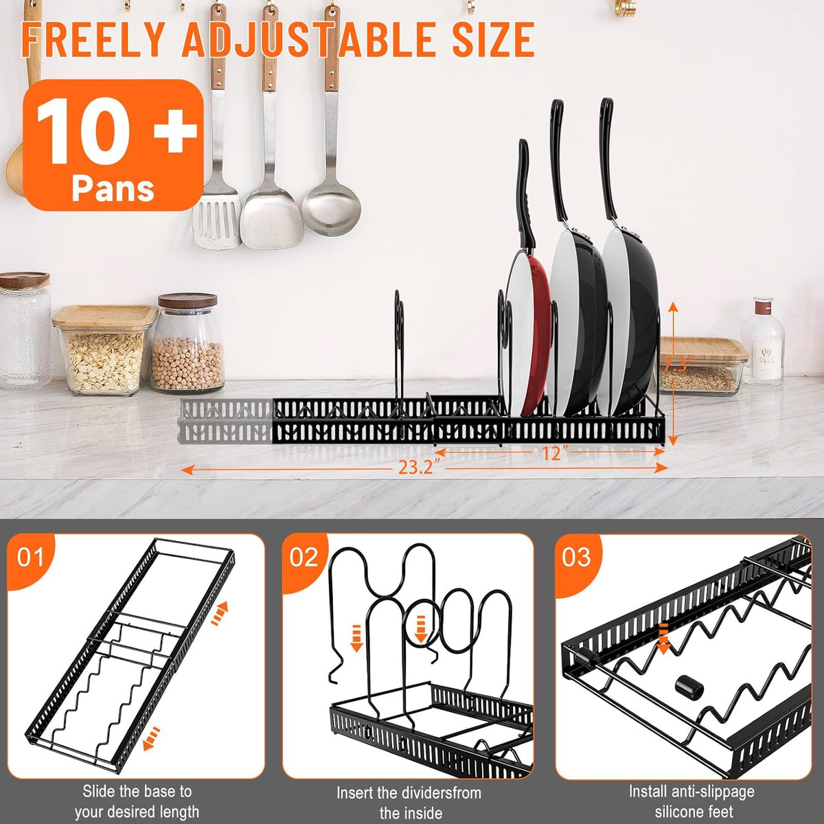 Expandable Pot and Pan Organizers Rack, 10+ Pans and Pots Lid Organizer Rack Holder, Kitchen Cabinet Pantry Bakeware Organizer Rack Holder with 10 Adjustable Compartments (Black)
