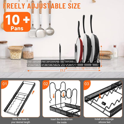Expandable Pot and Pan Organizers Rack, 10+ Pans and Pots Lid Organizer Rack Holder, Kitchen Cabinet Pantry Bakeware Organizer Rack Holder with 10 Adjustable Compartments (Black)