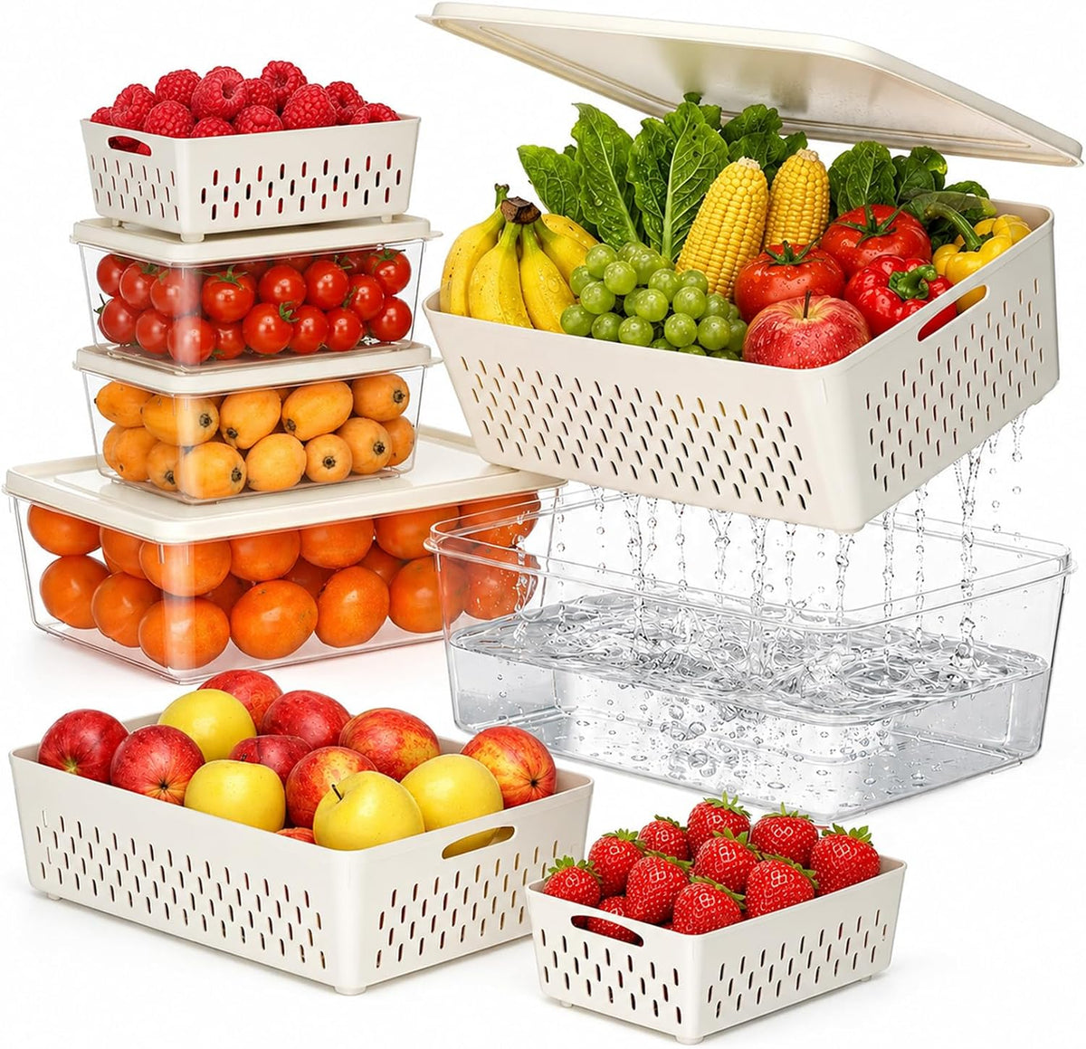 Fruit Storage Containers for Fridge with Soft Lid - 4 Pack Food Storage Container with Removable Colander, Airtight Produce Saver Containers Keep Berry, Fruits, Vegetables, Meet Fresh Longer