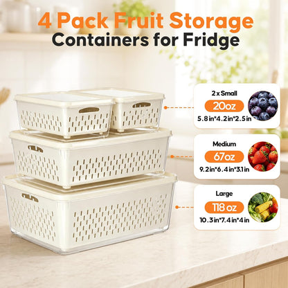 Fruit Storage Containers for Fridge with Soft Lid - 4 Pack Food Storage Container with Removable Colander, Airtight Produce Saver Containers Keep Berry, Fruits, Vegetables, Meet Fresh Longer