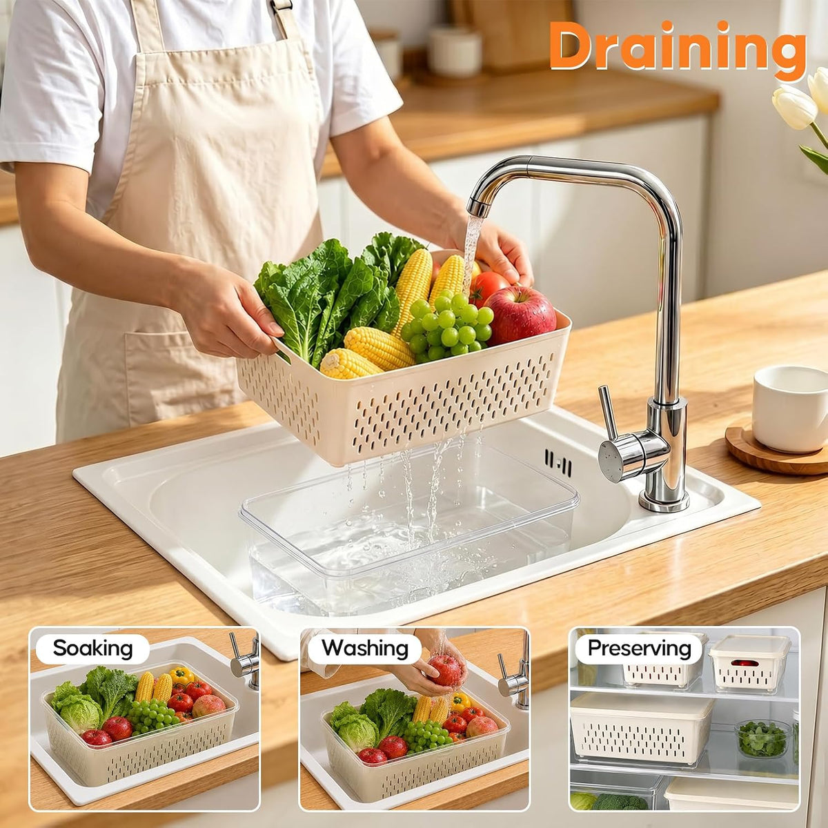 Fruit Storage Containers for Fridge with Soft Lid - 4 Pack Food Storage Container with Removable Colander, Airtight Produce Saver Containers Keep Berry, Fruits, Vegetables, Meet Fresh Longer