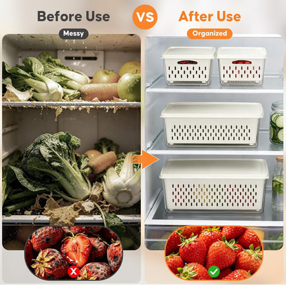 Fruit Storage Containers for Fridge with Soft Lid - 4 Pack Food Storage Container with Removable Colander, Airtight Produce Saver Containers Keep Berry, Fruits, Vegetables, Meet Fresh Longer