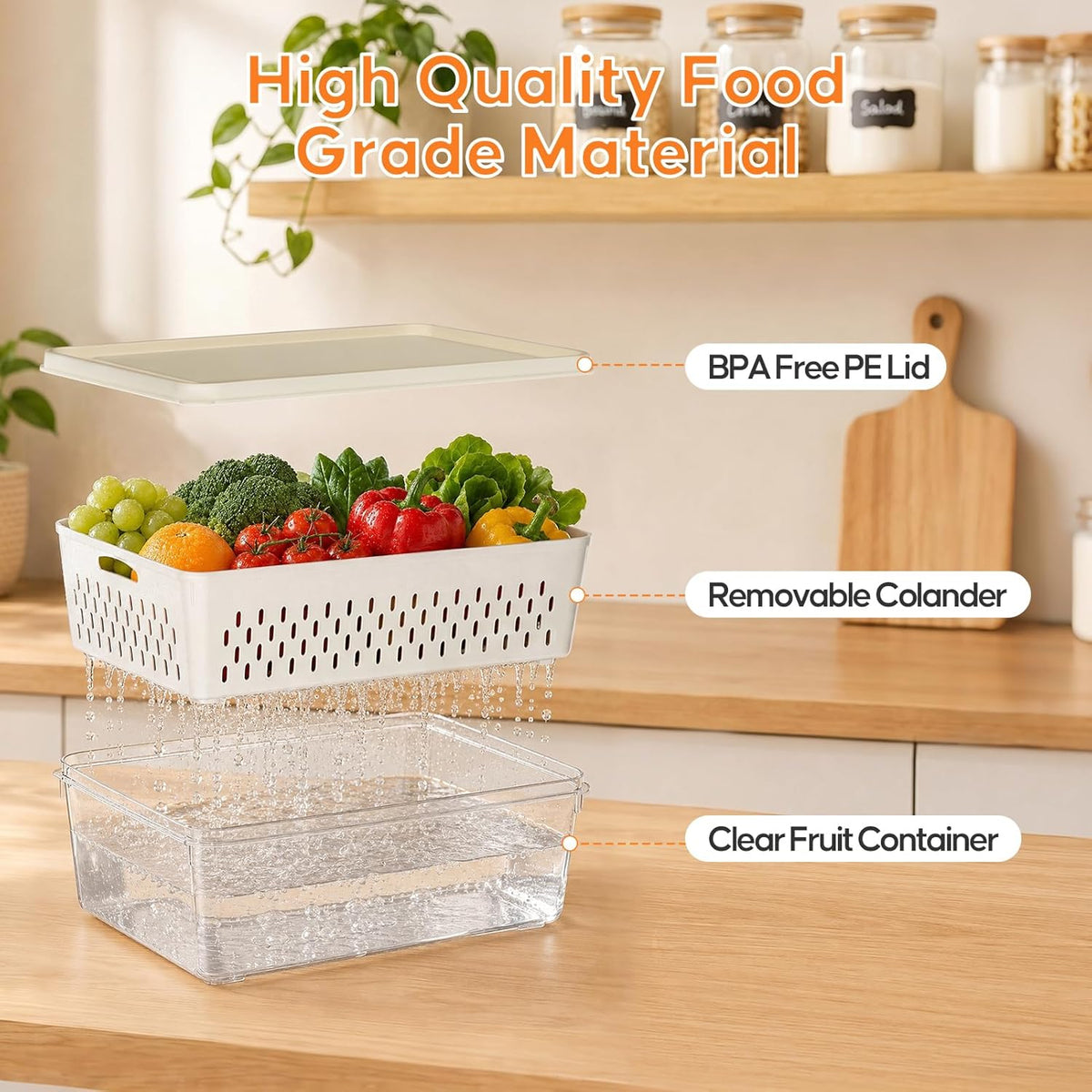 Fruit Storage Containers for Fridge with Soft Lid - 4 Pack Food Storage Container with Removable Colander, Airtight Produce Saver Containers Keep Berry, Fruits, Vegetables, Meet Fresh Longer