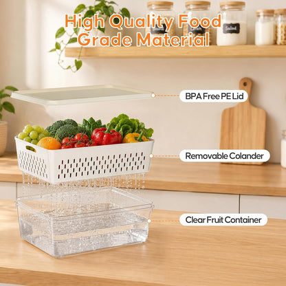 Fruit Storage Containers for Fridge with Soft Lid - 4 Pack Food Storage Container with Removable Colander, Airtight Produce Saver Containers Keep Berry, Fruits, Vegetables, Meet Fresh Longer