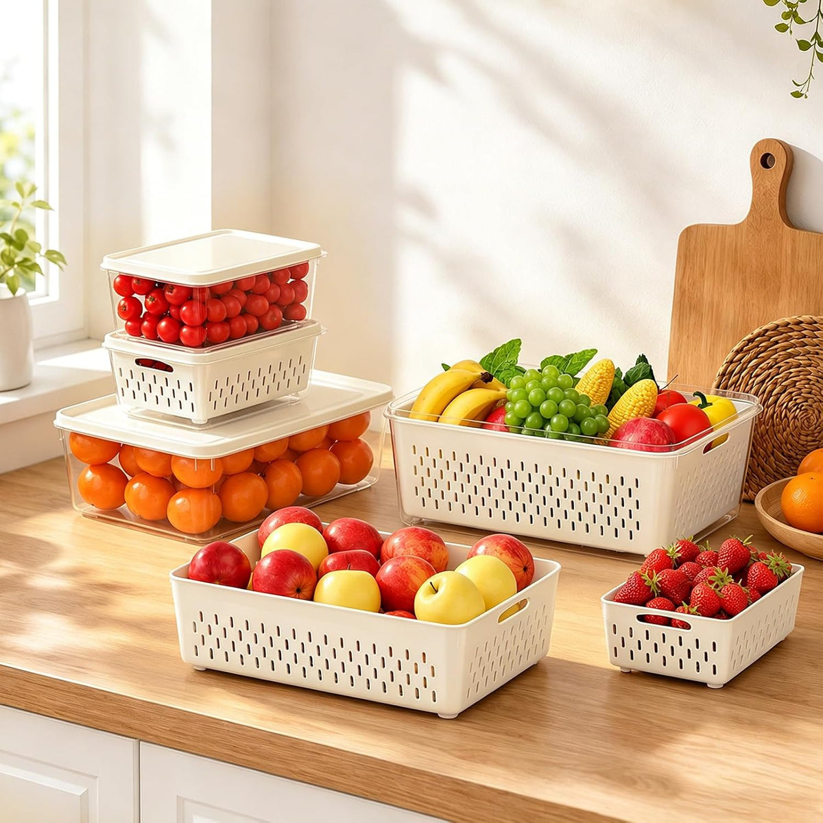 Fruit Storage Containers for Fridge with Soft Lid - 4 Pack Food Storage Container with Removable Colander, Airtight Produce Saver Containers Keep Berry, Fruits, Vegetables, Meet Fresh Longer