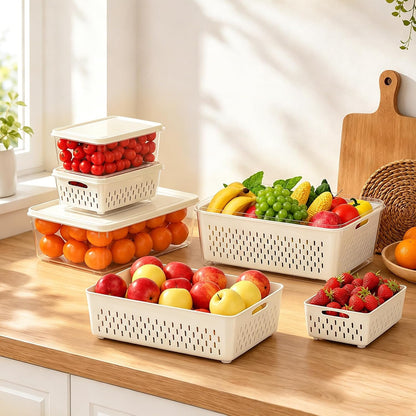 Fruit Storage Containers for Fridge with Soft Lid - 4 Pack Food Storage Container with Removable Colander, Airtight Produce Saver Containers Keep Berry, Fruits, Vegetables, Meet Fresh Longer