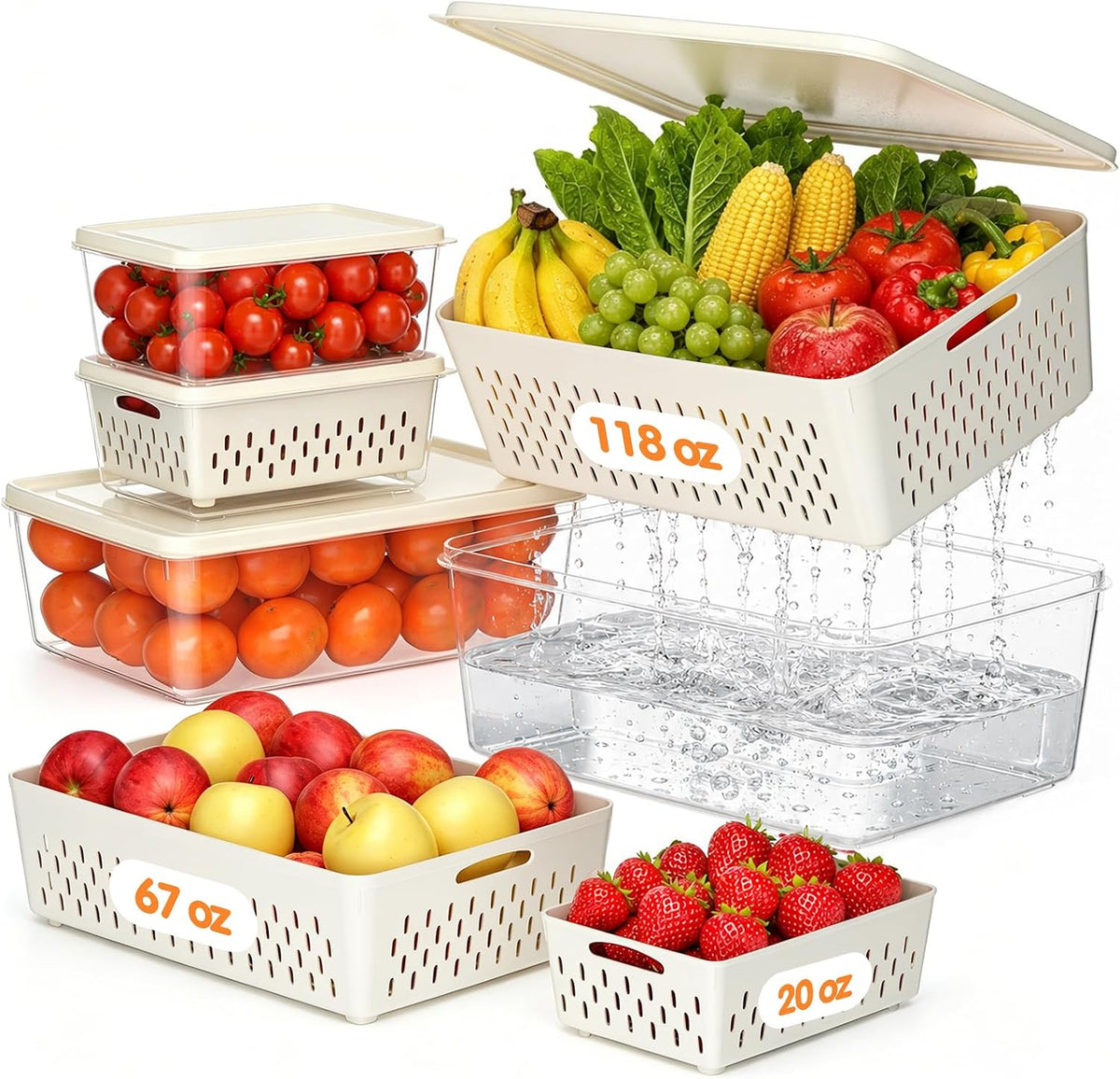 Fruit Storage Containers for Fridge with Soft Lid - 4 Pack Food Storage Container with Removable Colander, Airtight Produce Saver Containers Keep Berry, Fruits, Vegetables, Meet Fresh Longer