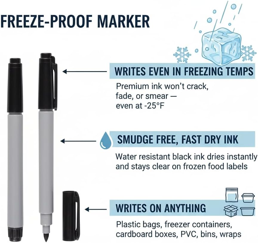 Permanent Freezer Marker Set of 3 – Waterproof Fast-Drying Black Fine Bullet Tip Ink Pens for Food Labeling, Fridge & Freezer Storage, Lab & Kitchen Use, & General Organization