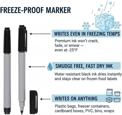 Permanent Freezer Marker Set of 3 – Waterproof Fast-Drying Black Fine Bullet Tip Ink Pens for Food Labeling, Fridge & Freezer Storage, Lab & Kitchen Use, & General Organization