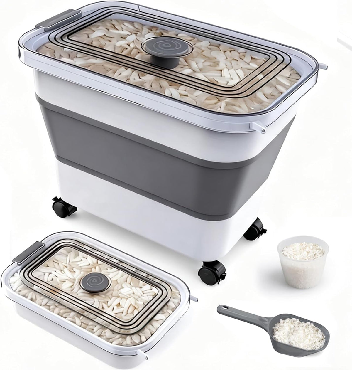 Rice Storage Container, Collapsible Airtight 10-40 Lb Rice Storage Container, 25lb Pet Dog Food Storage Container, Rice Dispenser Bin with Cup and Scoop for Flour Cereal Pasta Grain, Cat Bird