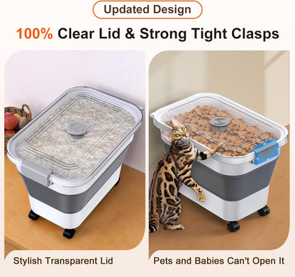 Rice Storage Container, Collapsible Airtight 10-40 Lb Rice Storage Container, 25lb Pet Dog Food Storage Container, Rice Dispenser Bin with Cup and Scoop for Flour Cereal Pasta Grain, Cat Bird