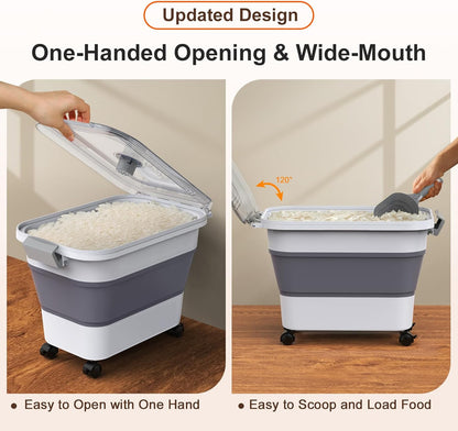 Rice Storage Container, Collapsible Airtight 10-40 Lb Rice Storage Container, 25lb Pet Dog Food Storage Container, Rice Dispenser Bin with Cup and Scoop for Flour Cereal Pasta Grain, Cat Bird