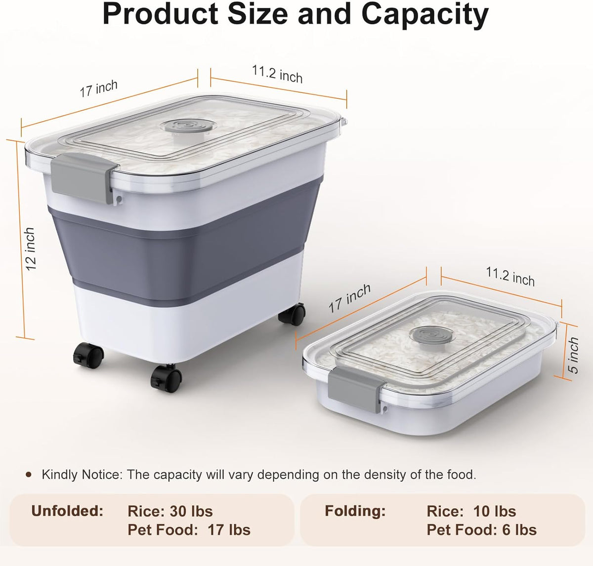 Rice Storage Container, Collapsible Airtight 10-40 Lb Rice Storage Container, 25lb Pet Dog Food Storage Container, Rice Dispenser Bin with Cup and Scoop for Flour Cereal Pasta Grain, Cat Bird