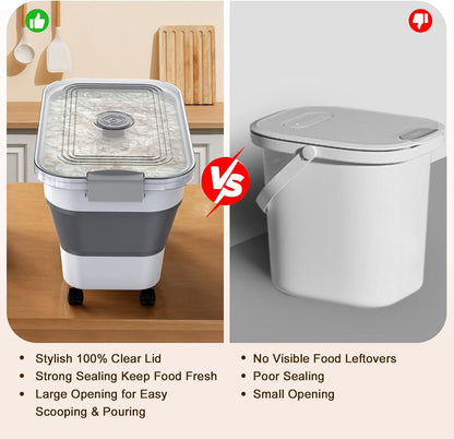 Rice Storage Container, Collapsible Airtight 10-40 Lb Rice Storage Container, 25lb Pet Dog Food Storage Container, Rice Dispenser Bin with Cup and Scoop for Flour Cereal Pasta Grain, Cat Bird