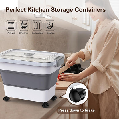 Rice Storage Container, Collapsible Airtight 10-40 Lb Rice Storage Container, 25lb Pet Dog Food Storage Container, Rice Dispenser Bin with Cup and Scoop for Flour Cereal Pasta Grain, Cat Bird