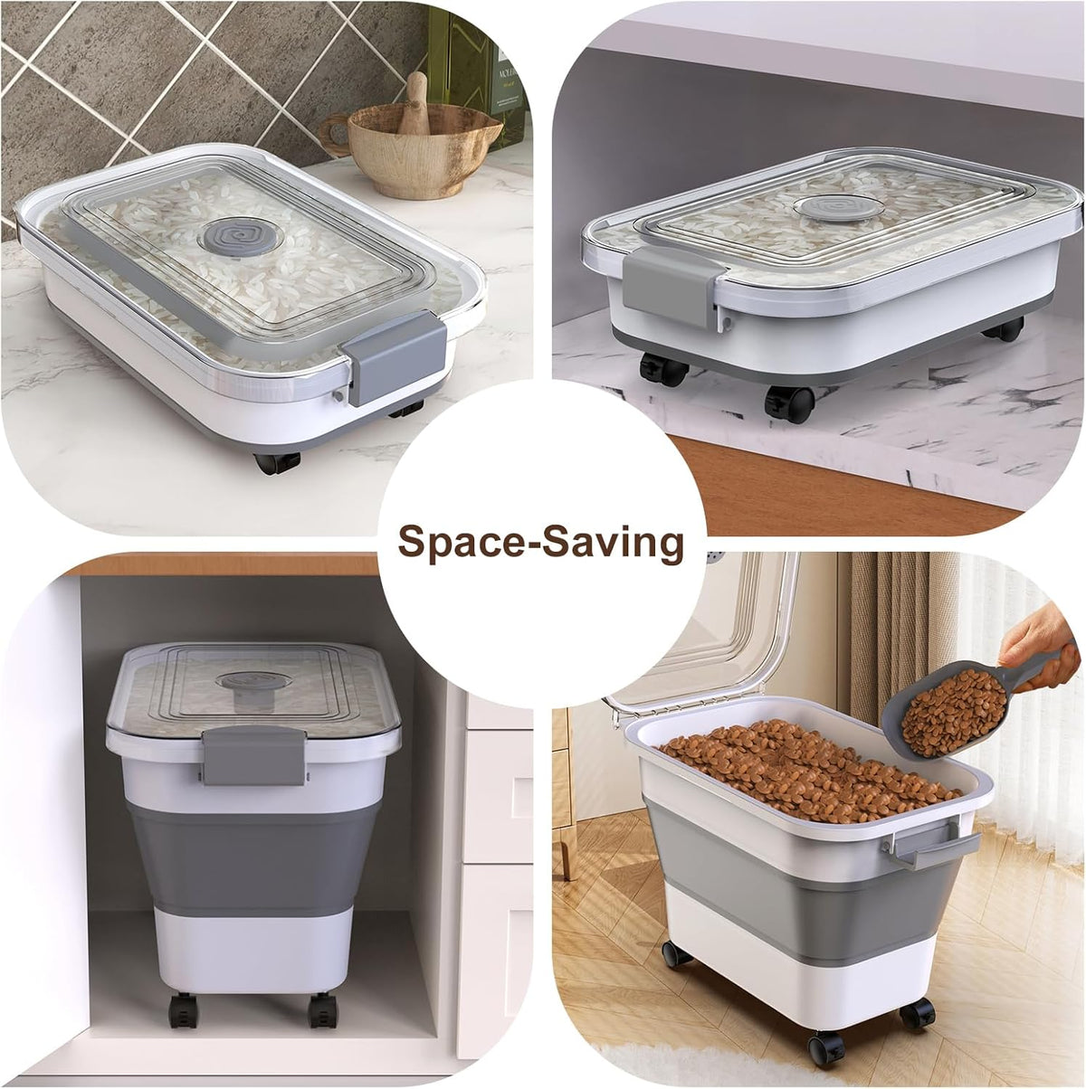 Rice Storage Container, Collapsible Airtight 10-40 Lb Rice Storage Container, 25lb Pet Dog Food Storage Container, Rice Dispenser Bin with Cup and Scoop for Flour Cereal Pasta Grain, Cat Bird