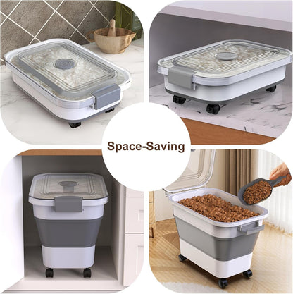 Rice Storage Container, Collapsible Airtight 10-40 Lb Rice Storage Container, 25lb Pet Dog Food Storage Container, Rice Dispenser Bin with Cup and Scoop for Flour Cereal Pasta Grain, Cat Bird