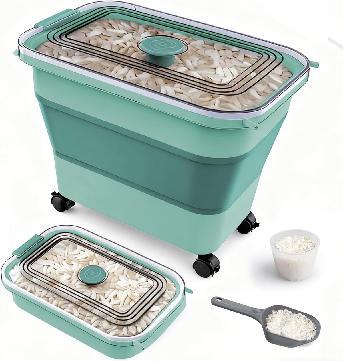 Rice Storage Container, Collapsible Airtight 10-40 Lb Rice Storage Container, 25lb Pet Dog Food Storage Container, Rice Dispenser Bin with Cup and Scoop for Flour Cereal Pasta Grain, Cat Bird