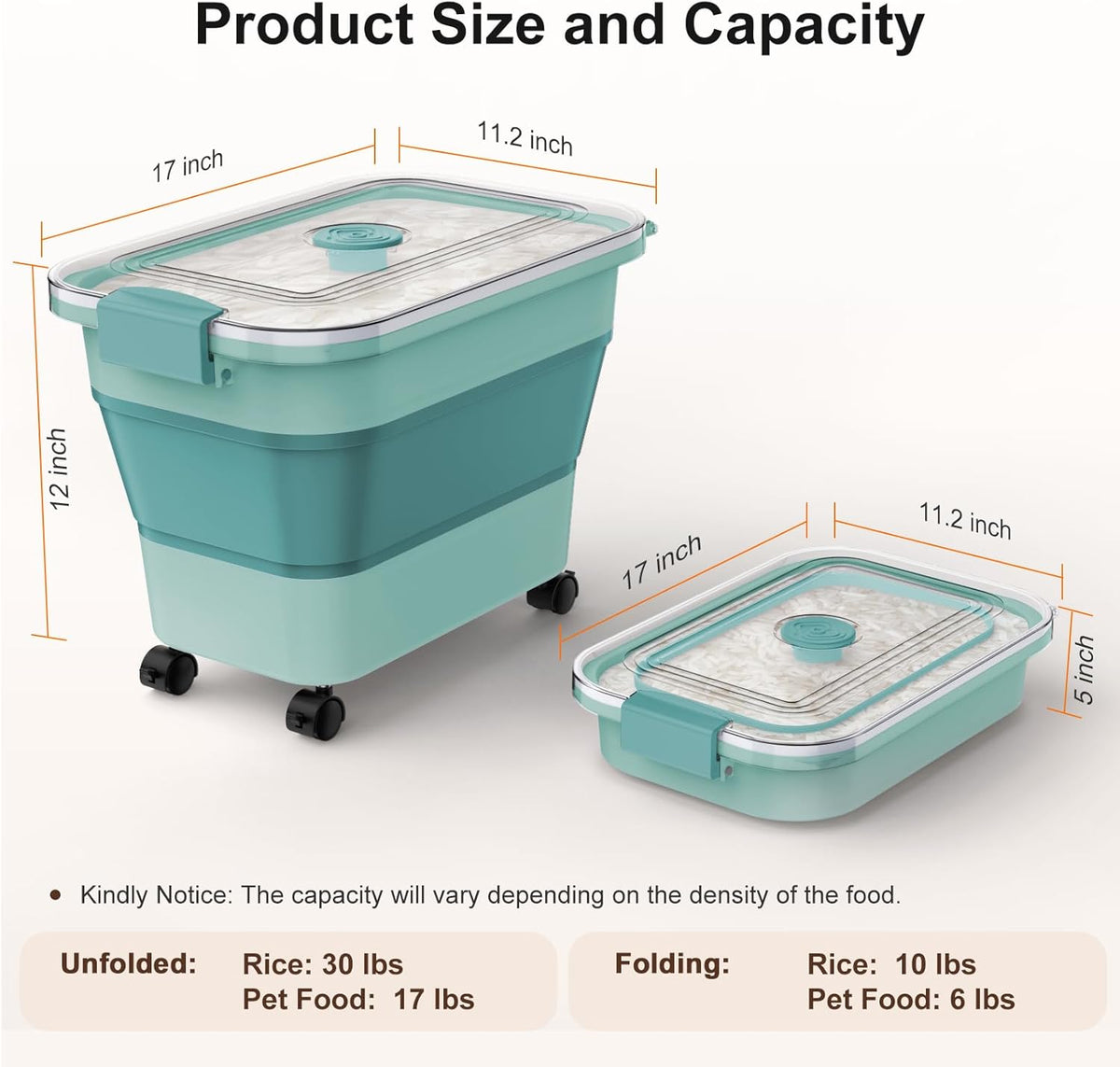 Rice Storage Container, Collapsible Airtight 10-40 Lb Rice Storage Container, 25lb Pet Dog Food Storage Container, Rice Dispenser Bin with Cup and Scoop for Flour Cereal Pasta Grain, Cat Bird