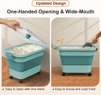 Rice Storage Container, Collapsible Airtight 10-40 Lb Rice Storage Container, 25lb Pet Dog Food Storage Container, Rice Dispenser Bin with Cup and Scoop for Flour Cereal Pasta Grain, Cat Bird