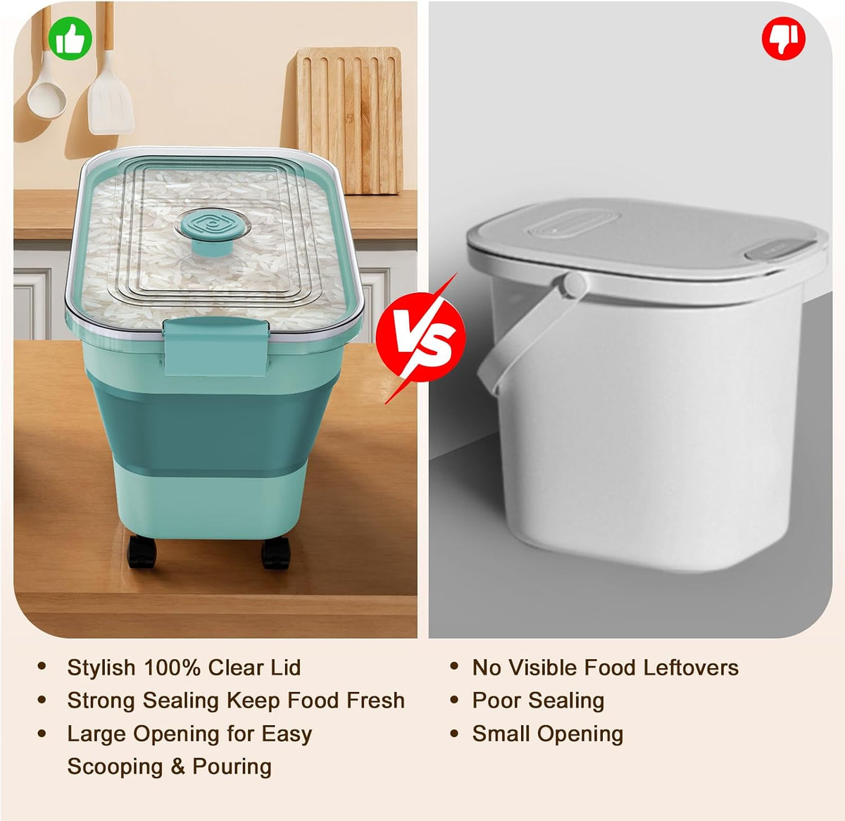 Rice Storage Container, Collapsible Airtight 10-40 Lb Rice Storage Container, 25lb Pet Dog Food Storage Container, Rice Dispenser Bin with Cup and Scoop for Flour Cereal Pasta Grain, Cat Bird