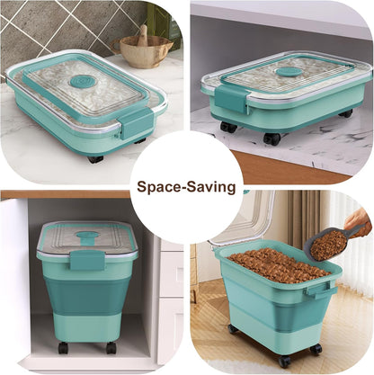 Rice Storage Container, Collapsible Airtight 10-40 Lb Rice Storage Container, 25lb Pet Dog Food Storage Container, Rice Dispenser Bin with Cup and Scoop for Flour Cereal Pasta Grain, Cat Bird