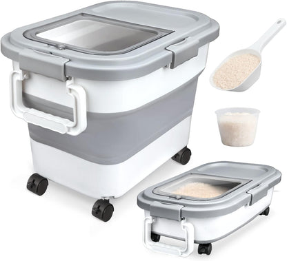 Rice Storage Container, Collapsible Airtight 10-40 Lb Rice Storage Container, 25lb Pet Dog Food Storage Container, Rice Dispenser Bin with Cup and Scoop for Flour Cereal Pasta Grain, Cat Bird