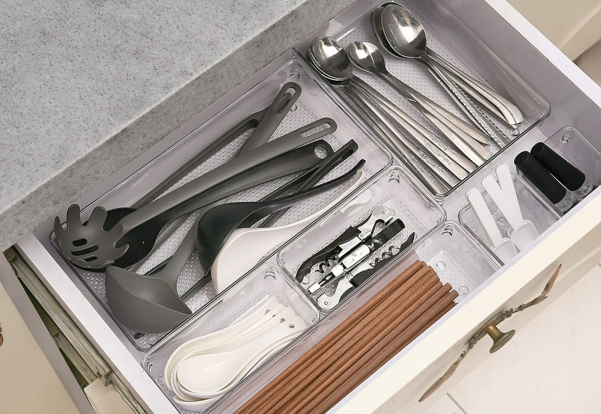 Large Clear Plastic Drawer Organizer Tray Cutlery Utensil Makeups Drawer Organizers 12" X 6"