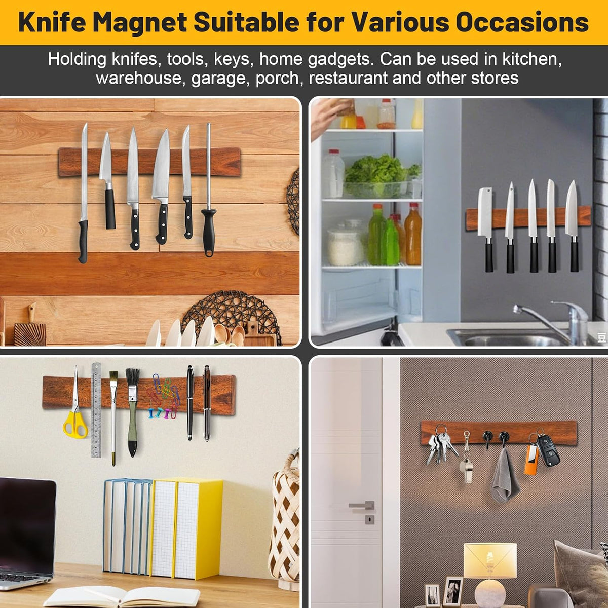 16 Inch Magnetic Knife Holder for Wall, Solid Acacia Wood Knife Magnetic Strip for Fridge, No Drill Wall Mount Knife Magnet Tool Bar, Wooden Knives Rack Block for Kitchen Utensil Organizer RV Storage