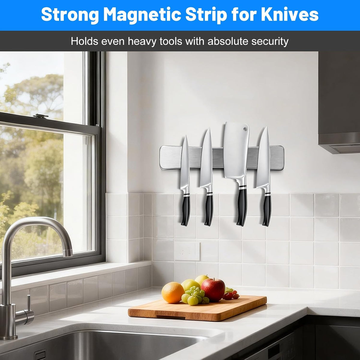 16 Inch Magnetic Knife Holder for Wall, Solid Acacia Wood Knife Magnetic Strip for Fridge, No Drill Wall Mount Knife Magnet Tool Bar, Wooden Knives Rack Block for Kitchen Utensil Organizer RV Storage