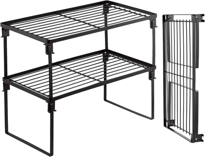 2-Pack Stackable Kitchen Storage Shelf Rack Metal Cabinet Shelves | Metal Cabinet Organizer Shelf for Spices, Pantry, Cupboard Countertop, with Removable Support Legs for Easy Storage (Black)