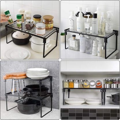 2-Pack Stackable Kitchen Storage Shelf Rack Metal Cabinet Shelves | Metal Cabinet Organizer Shelf for Spices, Pantry, Cupboard Countertop, with Removable Support Legs for Easy Storage (Black)