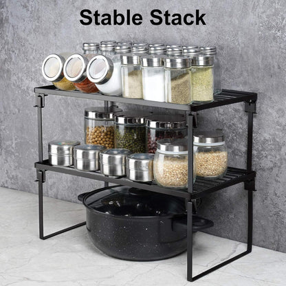 2-Pack Stackable Kitchen Storage Shelf Rack Metal Cabinet Shelves | Metal Cabinet Organizer Shelf for Spices, Pantry, Cupboard Countertop, with Removable Support Legs for Easy Storage (Black)