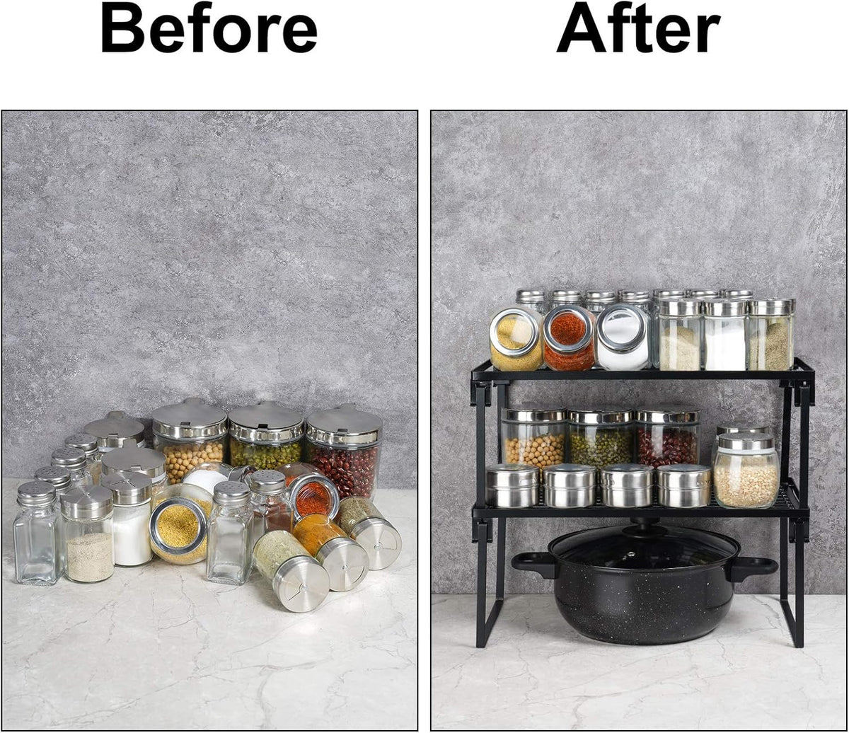 2-Pack Stackable Kitchen Storage Shelf Rack Metal Cabinet Shelves | Metal Cabinet Organizer Shelf for Spices, Pantry, Cupboard Countertop, with Removable Support Legs for Easy Storage (Black)